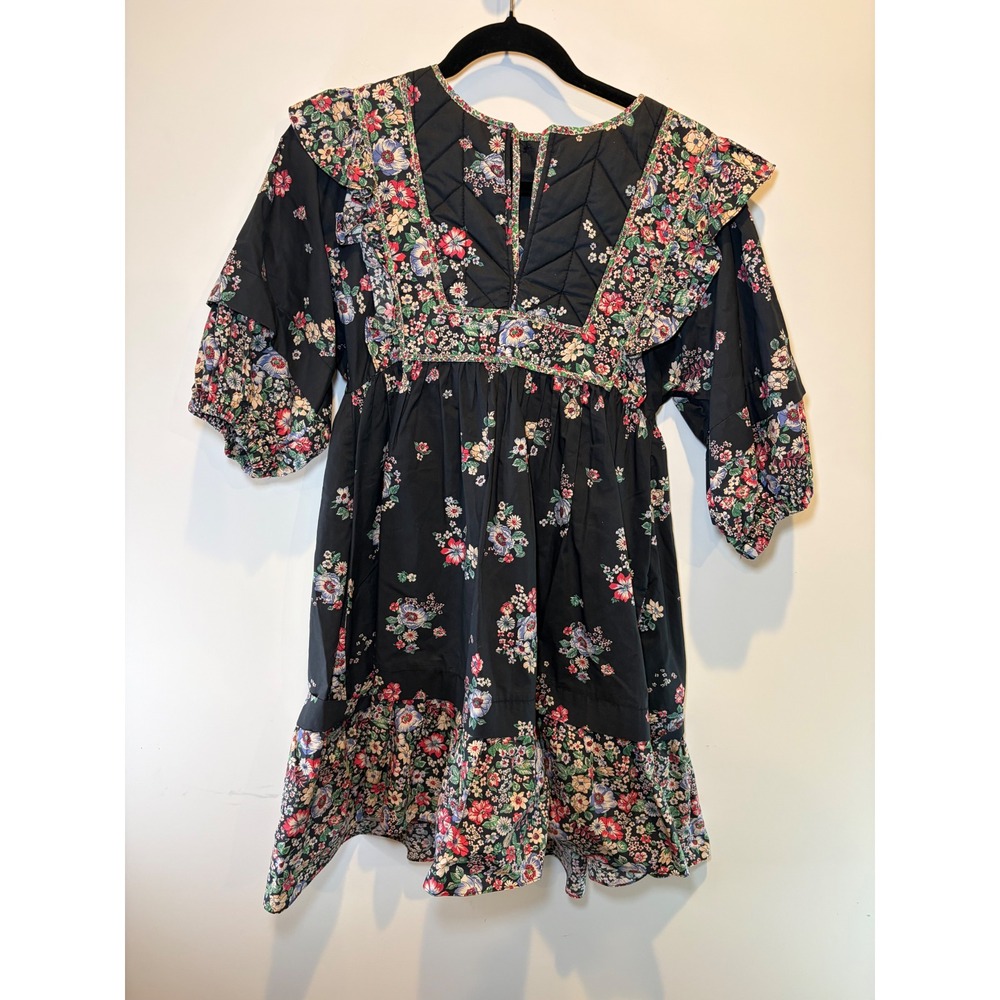 Hunter Bell New York Floral Quilted Ruffle Mini Dress Black Cotton XS - Picture 1 of 10
